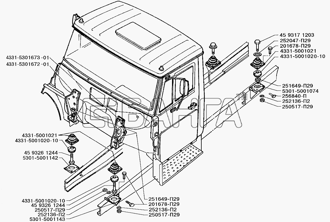 ЗИЛ ЗИЛ-5301 (2006) Схема Крепление кабины автомобиля ЗИЛ-5301-156